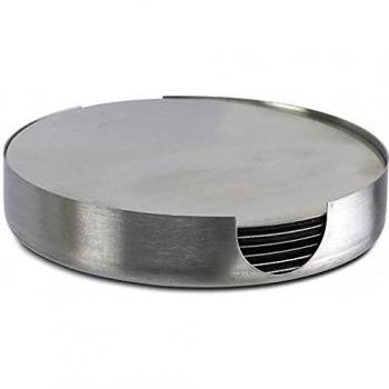 Juego de 6 posavasos redondos de acero inoxidable con soporte, ideales para proteger la mesa