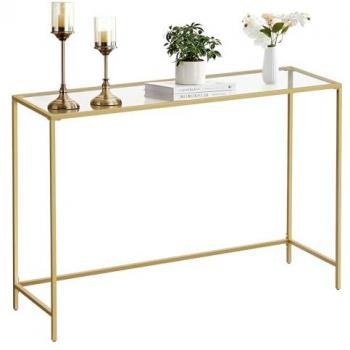Mesa Consola Moderna Dorada con Vidrio Templado y Patas Ajustables, 120 x 35 x 80 cm
