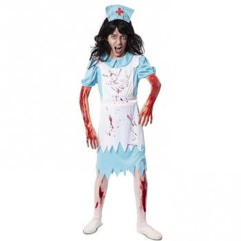 Disfraz de Enfermera Zombie para niña, incluye vestido corto con estampado de sangre, cofia blanca, medias a rayas y accesorios médicos