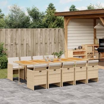 11-Piece Beige Poly Rattan Garden Dining Set with Cushions