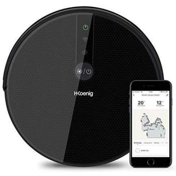 H.Koenig SWRC130 Robot Aspidador y Fregasuelos 3 en 1, Aspira, Barre y Friega, Autonomía 100 Mins, 1800 Pa, Filtro Hepa, 70 Db, Tanque de Agua 600 ml, 4 Ciclos, Conexión Wifi, Compatible con Alexa