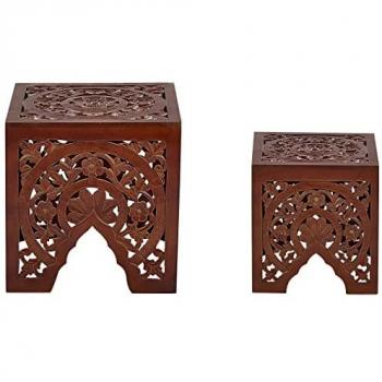 Conjunto de 2 Mesas de Lado en Madera Oscura MDF con Acabado Encerado y Diseño Oriental Shukur