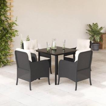 5-Piece Black Poly Rattan Garden Dining Set with Cushions