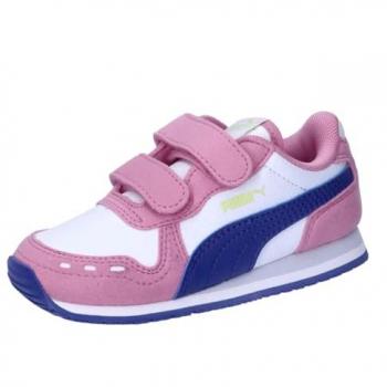Zapatillas casual Puma Cabana Racer SL 20 V infantiles, unisex, color blanco con detalles en Lapis Lazuli y Cool Cucumber, talla 20 EU
