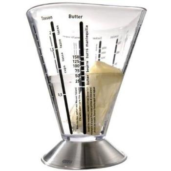 Jarra Medidora Gefu Saturas 500 ml - Acero Inoxidable y Plástico, Transparente, A Prueba de Lavavajillas, Escalas para L, ml y Tazas, Resistente al Calor hasta