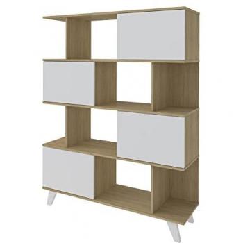 Estantería Librería con Puertas y Compartimentos Abiertos en Roble y Blanco, Modelo Quiatur, 120x35x155 cm