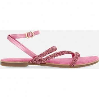 Sandalias planas de mujer fucsias con pedrería y planta de ante
