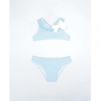 Bikini de vichy azul con volante, lazo y detalles decorativos