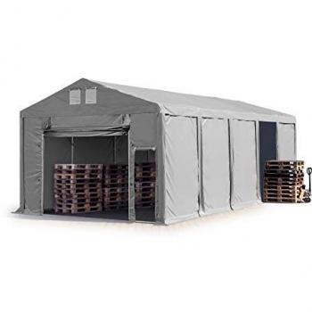 TOOLPORT Carpa almacén 5x10 m - altura lateral de 3,0 m con puerta levadiza, PVC 850, gris, impermeable