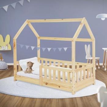 Cama Infantil Casa 140x70 cm con Reja Protectora y Somier de Listones en Madera de Pino Natural