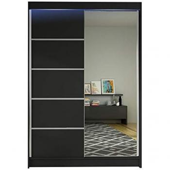 Armario Corredero Atlanta 149 Negro con Espejo y LED, 200x120x58cm, 5 Estantes