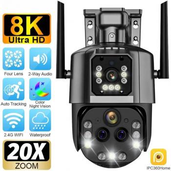 Cámara de Seguridad WiFi 8K con Zoom 20x, Cuatro Lentes, Pantalla Doble, PTZ, Seguimiento Automático, CCTV IP para Exteriores EU Plug