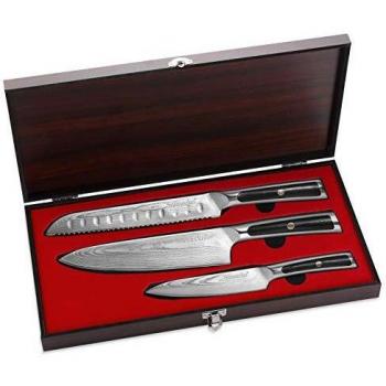 Sunnecko Juego de Cuchillos de Cocina Profesional 3 Piezas Cuchillo Cocina de 20 cm Gyuto Cuchillo Chef, Cuchillo de Pan de 20 cm, un Cuchillo Multifuncional de 12,7 cm, Acero de Damasco -Serie élite