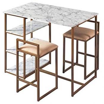 Marmo Breakfast Table Dining Set with Faux Marble Top, Brass Finish - White