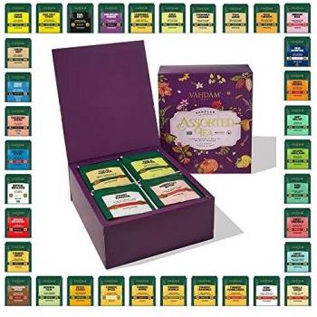 VAHDAM, Surtido de Té Clásico | 40 Bolsitas Piramidales de Té de Hoja Larga | Chai, Te Negro, Infusiones, Te Verde, Te Blanco & Te Oolong en un Set de Infusiones Regalo | Regalo Navidad