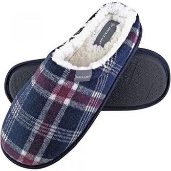 Dunlop Men's Warm Plush Fleece Lined Navy Checked Plaid Slip-On Mule House Slippers - Size 12 UK