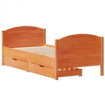 Cama sin colchón de madera maciza de pino en color marrón cera, dimensiones 100x200 cm, incluye cabecero y es ideal para muebles de dormitorio