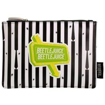 Estuche rectangular Beetlejuice 22x15,5 cm con diseño temático de la película, dimensiones de 22 cm de largo y 15,5 cm de ancho, fabricado en material resistente y duradero, cierre con cremall