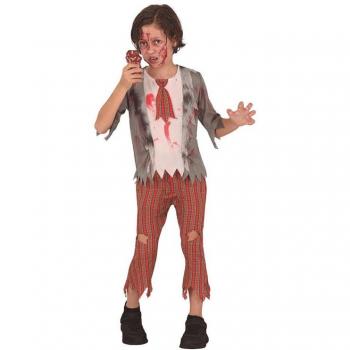 Disfraz de Colegial Zombie para niño, incluye camiseta con manchas de sangre, pantalones rasgados, corbata a rayas y máscara de zombie