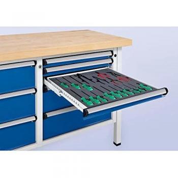 Banco de trabajo modular ANKE V con 2 cajones de 180 mm y 2 cajones de 360 mm, dimensiones 1500x700x890 mm, color gris claro y azul