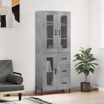 Aparador alto de madera contrachapada gris hormigón 69,5x34x180 cm con 1 puerta de cristal y 3 cajones, mueble de almacenaje para salón