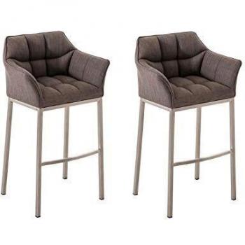 Set de 2 taburetes de bar Damaso en tela gris con base de 4 patas y respaldo acolchado de acero inoxidable