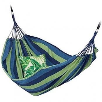 Hamaca XXL portátil para 2 personas, interior y exterior, algodón y poliéster, 150 x 272 cm, azul y verde