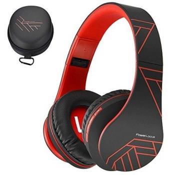 PowerLocus P2 – Auriculares Bluetooth inalambricos de Diadema Cascos Plegables, Casco Bluetooth con Sonido Estéreo Micro SD/TF, FM con micrófono y Audio Cable para Movil, PC, Tablet - Negro/Rojo