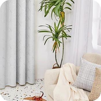 Amazon Brand - Umi Cortinas Salon Opaca de Dibujos línea Oblicua con Ollaos 2 Piezas 140x175cm Blanco Grisáceo