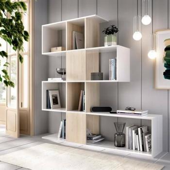 Librería Decorativa y Funcional Esidra con 5 Compartimentos, Blanca con Inserciones en Color Roble, Medidas 145 x 145 x 29 cm