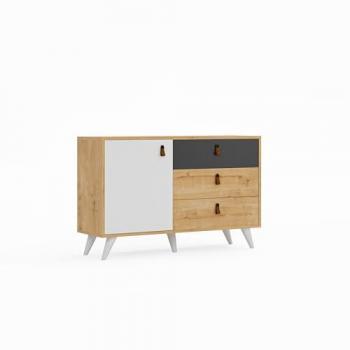 Mueble Multiusos Pera EPIKASA - Tablero Aglomerado de Melamina, Plástico y Piel Sintética - Blanco, Roble y Antracita - 120x36,5x77 cm