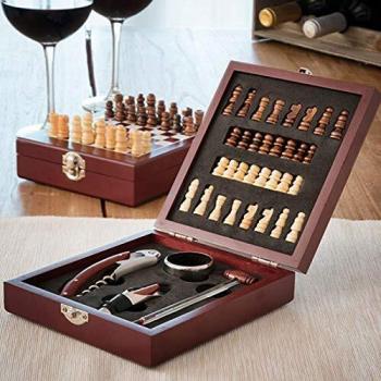 Conjunto de 37 accesorios para vino y juego de ajedrez en cofre, regalo ideal para aficionados al vino y al ajedrez