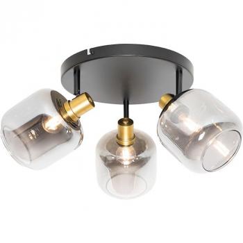 Foco de techo moderno Zuzanna negro con dorado y cristal ahumado, 3 luces, vidrio/acero, redonda, adecuado para LED, máx. 3 x 25 Watt