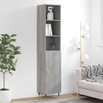 Aparador alto de madera contrachapada gris Sonoma 34,5x34x180 cm con 1 puerta, mueble de almacenaje para salón, buffet y armario auxiliar