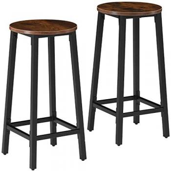 Taburetes de bar Corby - Set de dos taburetes altos con estilo industrial, tablero MDF estable con recubrimiento protector de melamina, estructura de acero sólida y firme con revestimiento en polvo, diseño minimalista en madera industrial osc