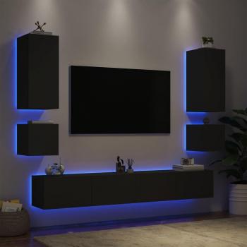 Muebles de TV de pared con luces LED 6 piezas negro Vidaxl