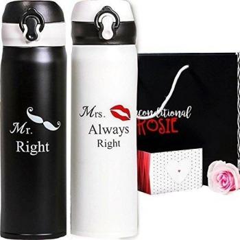 Aniversario de boda regalos Set de dos a juego termo de acero inoxidable con caja de regalo de raso y tarjeta a juego, 500 ml cada uno, divertido, único y personalizado parejas regalo para él y ella