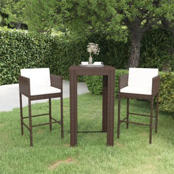 3-Piece Brown Poly Rattan Garden Bar Set with Cushions