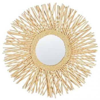 Espejo de Pared Redondo de Ratán Natural Ø 60 cm Diseño Trenzado Moderno para Sala de Estar Kalasin