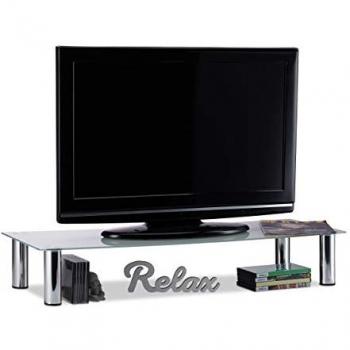 Mueble TV de Cristal Rectangular con Patas de Metal Cromado, 100 x 35 x 17 cm, Blanco y Plateado - Relaxdays