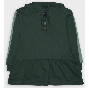 Vestido de manga larga con capucha en color verde oscuro.