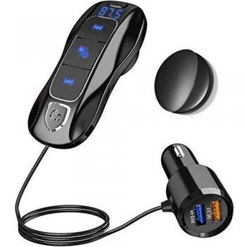 SONRU Más NuevoTransmisor FM Bluetooth 5.0, Manos Libres y Adaptador de Radio para Vehículos, Reproductor MP3 Coche, QC3.0 + 5V/2.4A USB Puertos con Cable de 1.1M, Pantalla de Voltaje
