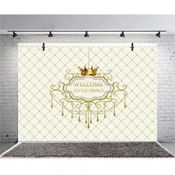 Aliyz 8x6ft Fotografía Fondo Niños Baby Shower Telón Fondo Corona Bienvenido Principito Bandera a Cuadros Royal Chandelier Banner Letras Doradas Feliz cumpleaños Foto Retrato Vinyl Studio Video Prop