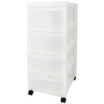 Unidad de almacenamiento de plástico con ruedas Iris Ohyama, 4 cajones superficiales, blanco, asas ergonómicas, multiusos, A4/A5