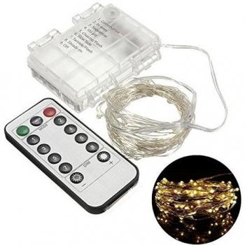 Teorder Battery Operated luci LED Fata della luce della stringa di rame impermeabile 10m 33ft 100 LED bianco caldo con telecomando per l'albero di Natale, Party, Matrimonio, Giardino, Festival