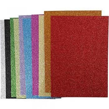 Hojas de espuma EVA, A4, 21 x 30 cm, grosor 2 mm, colores asstd, purpurina, hojas de 10 asstd