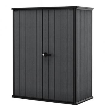 Cobertizo de jardín Keter High Cortina 1400 L gris, caseta de almacenamiento exterior, ordenación, madera y acero, metal y resina efecto madera, dimensiones 140x74x170 cm (WxDxH)