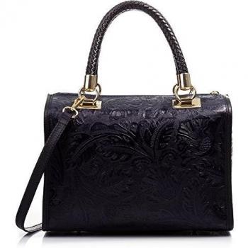 Firenze ARTEGIANI.Bolso Mujer Piel auténtica.Bolso Cuero Genuino Grabado arabescos.Bandolera. Bolso Tote.Bolso Asa Hombro. Made in Italy. Vera Pelle Italiana. 31x26x16 cm. Color Negro
