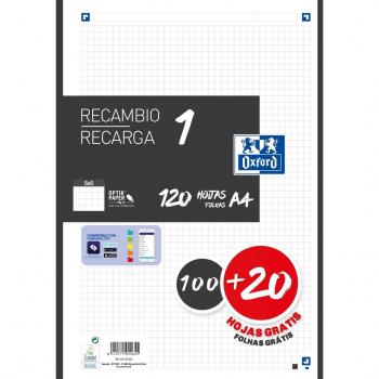 Oxford Recambio 120 Hojas A4 Cuadriculado 5x5 90g/m² con Banda de Color Negro - Paquete Promocional