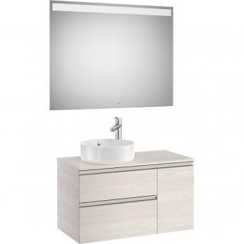Conjunto de mueble de baño Roca The Gap con 2 cajones, 1 puerta a la derecha y espejo con luz LED, color Fresno nórdico, lavabo sobre encimera a la izquierda